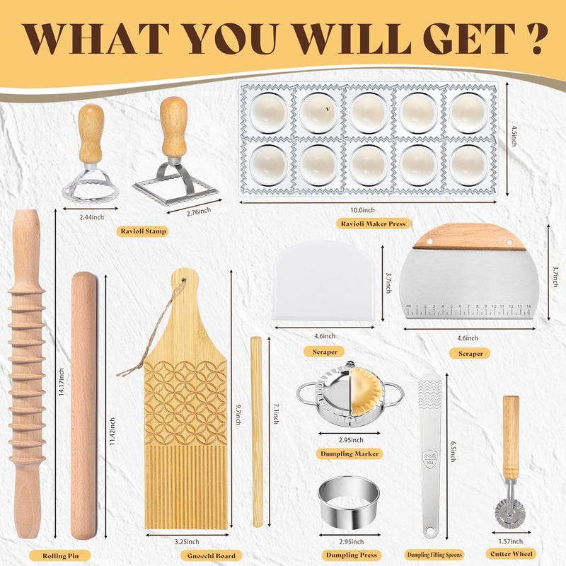 Krbnk Pasta Making Tools,13PCS Wood Pasta Making Kit with Pasta Rolling Pin,Ravioli Mold,Ravioli Cutter,Gnocchi Board,Pasta Stamps,Dumpling Tools,Stick Dough Scraper Making Accessories - Image 2